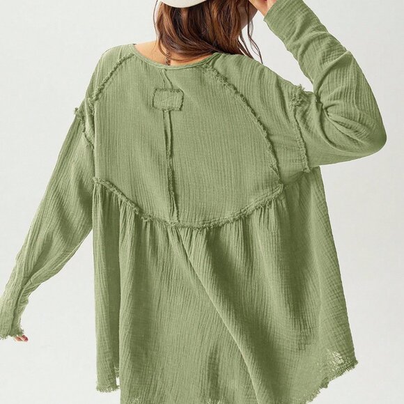 Green boho Women's Vacation Woven Loose Long Sleeve Shirt top - Picture 3 of 8